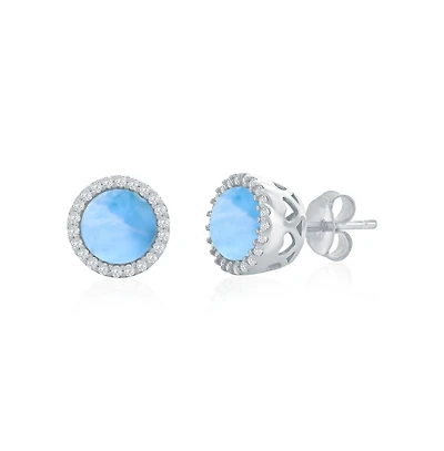 Caribbean Treasures Sterling Silver, Round Larimar, Cz Halo Studs