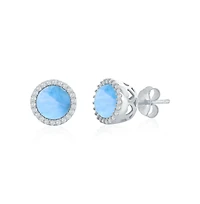 Caribbean Treasures Sterling Silver, Round Larimar, Cz Halo Studs