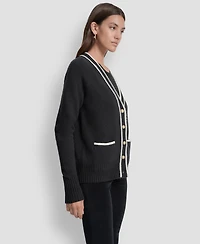 Dkny Jeans Women's Long Sleeve Tipped V-Neck Cardigan Sweater