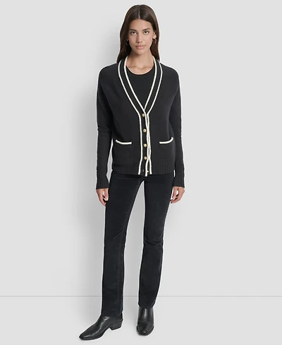 Dkny Jeans Women's Long Sleeve Tipped V-Neck Cardigan Sweater