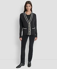 Dkny Jeans Women's Long Sleeve Tipped V-Neck Cardigan Sweater