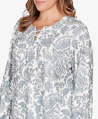 Hearts Of Palm Plus Printed Long Sleeve Hatchi Lace Neck Tunic Top