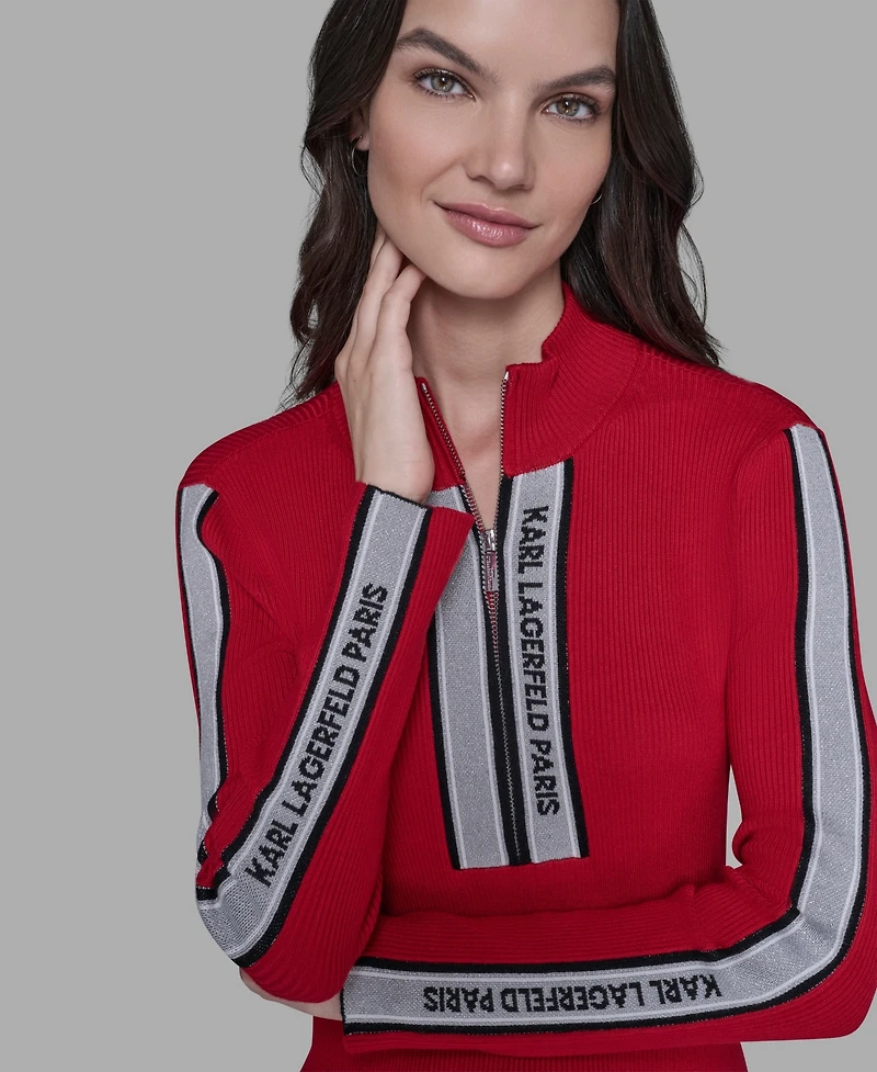 Karl Lagerfeld Paris Women's Logo Tape Zip-Up Sweater