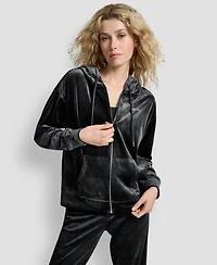 Dkny Women's Platinum Velour Rhinestone Logo Full-Zip Hoodie