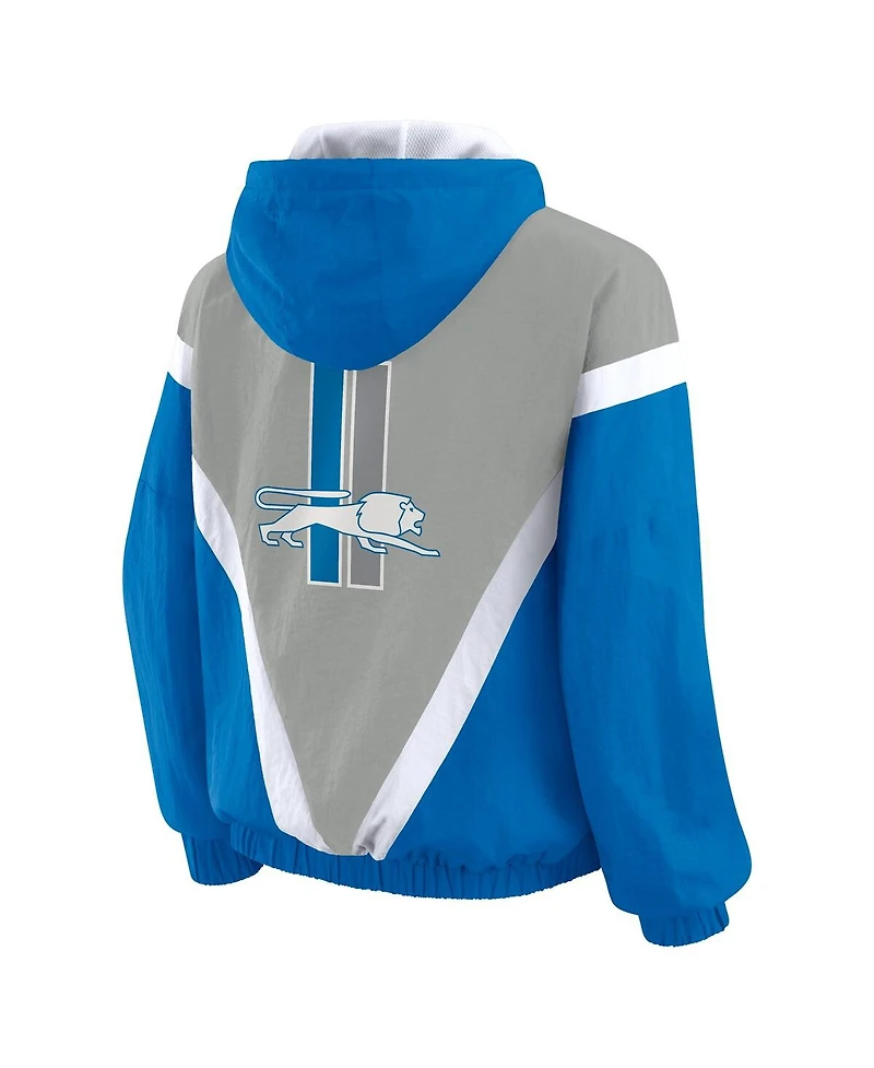 Wear by Erin Andrews Women's Blue/Silver Detroit Lions Retro Crinkle Full-Zip Hoodie Windbreaker Jacket
