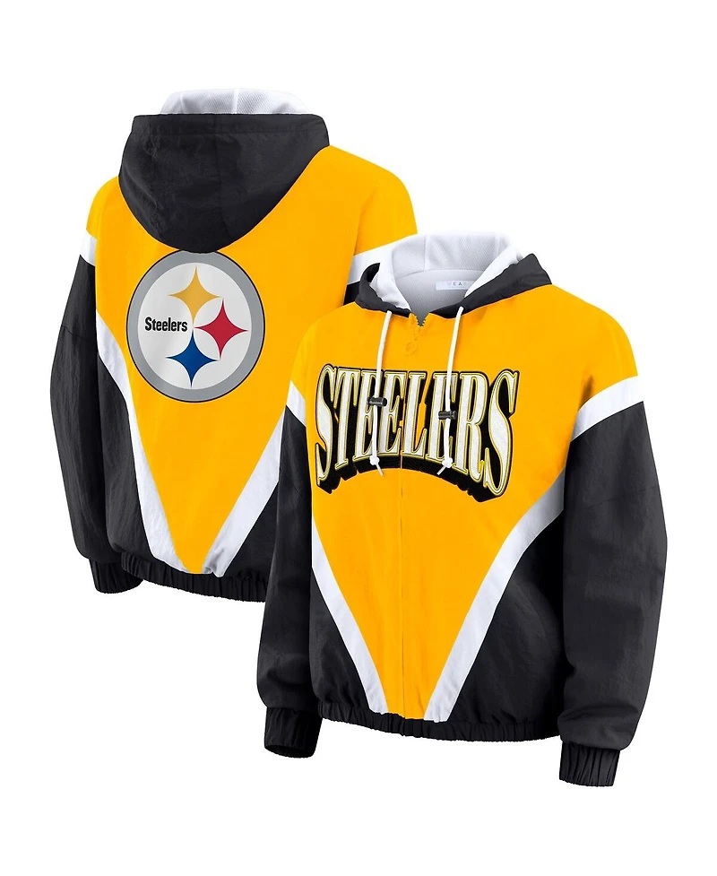 Wear by Erin Andrews Women's Gold/Black Pittsburgh Steelers Plus Retro Crinkle Full-Zip Windbreaker Jacket