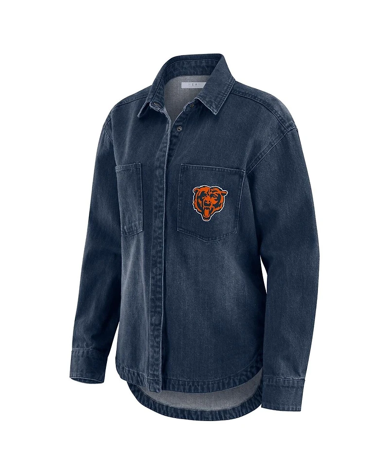 Wear by Erin Andrews Women's Denim Chicago Bears Washed Oversized Full-Snap Shacket