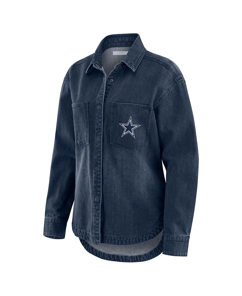Wear by Erin Andrews Women's Denim Dallas Cowboys Washed Oversized Full-Snap Shacket