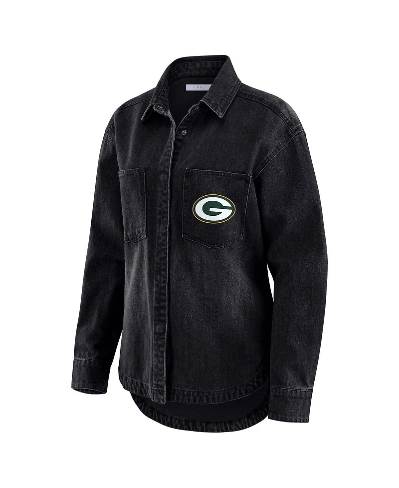 Wear by Erin Andrews Women's Black Green Bay Packers Washed Oversized Denim Full-Snap Shacket
