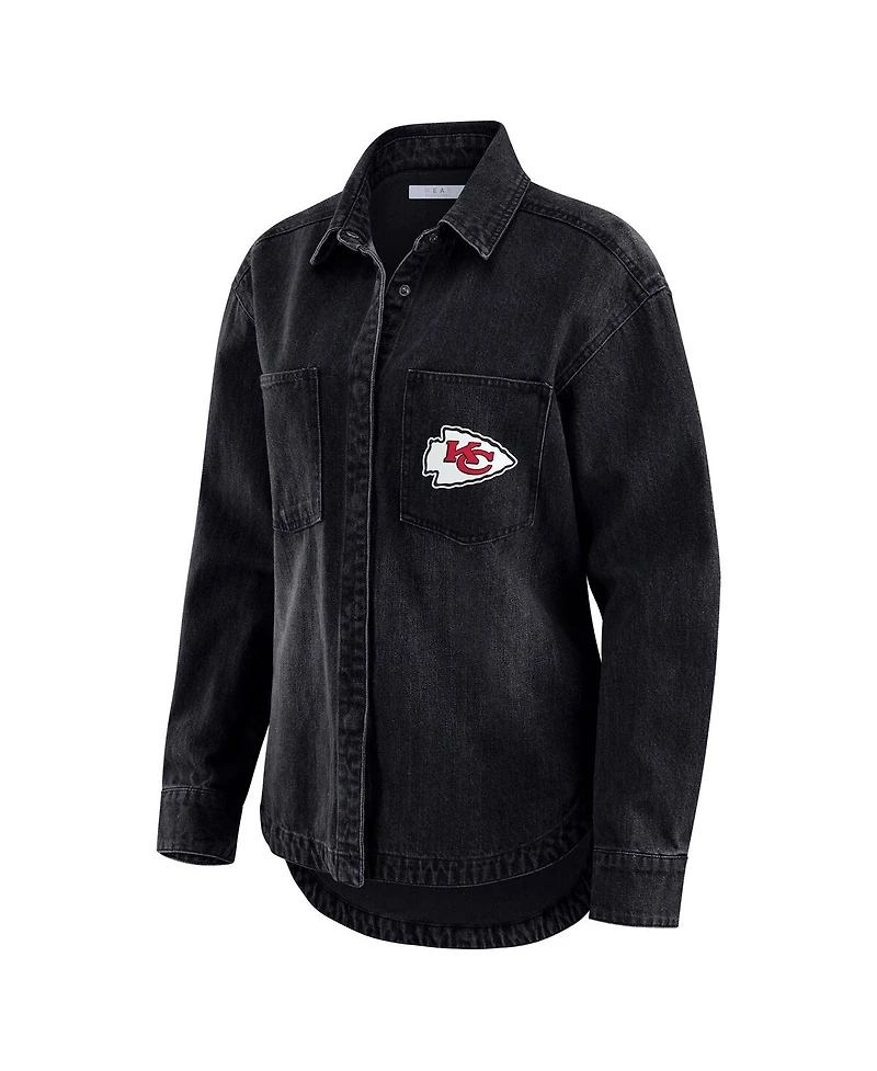 Wear by Erin Andrews Women's Black Kansas City Chiefs Washed Oversized Denim Full-Snap Shacket