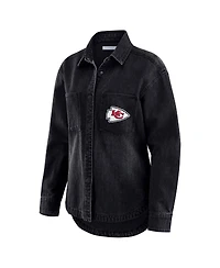 Wear by Erin Andrews Women's Black Kansas City Chiefs Washed Oversized Denim Full-Snap Shacket