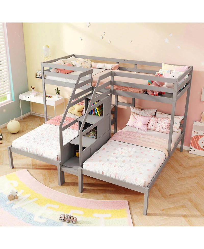 Gymax Wooden Twin Over Twin & Twin Bunk Bed w/ 4-Step Storage Staircase Guardrail