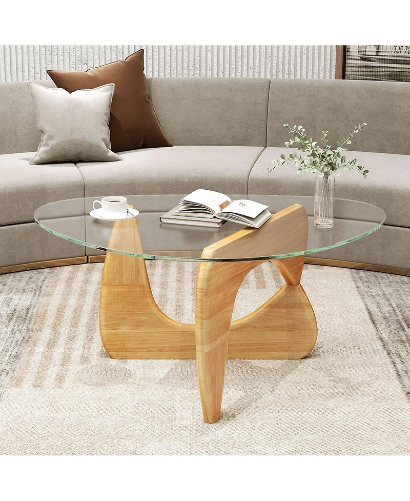 Gymax Triangle Coffee Table w/ Tempered Glass Top & Adjustable Rubber Wood Base