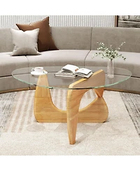 Gymax Triangle Coffee Table w/ Tempered Glass Top & Adjustable Rubber Wood Base