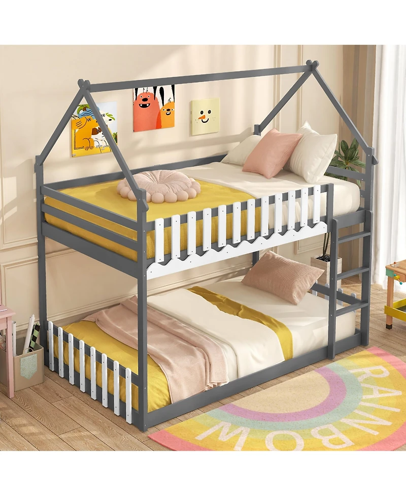 Gymax Twin Over Twin Bunk Bed w/ Fence & Ladder Solid Wood Floor Bunk Bed for Kids