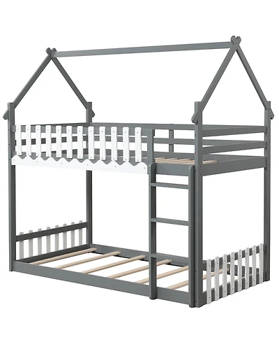Gymax Twin Over Twin Bunk Bed w/ Fence & Ladder Solid Wood Floor Bunk Bed for Kids