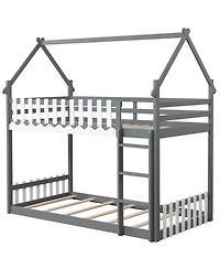 Gymax Twin Over Twin Bunk Bed w/ Fence & Ladder Solid Wood Floor Bunk Bed for Kids