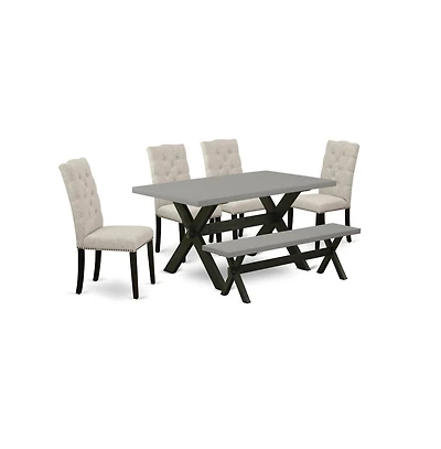 East West Furniture 6-Pc Wood Dining Table Set-Doeskin Linen Fabric Seat and Button Tufted Chair Back Kitchen chairs, A Rectangular Bench and Rectangu