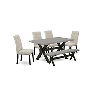 East West Furniture 6-Pc Wood Dining Table Set-Doeskin Linen Fabric Seat and Button Tufted Chair Back Kitchen chairs, A Rectangular Bench and Rectangu