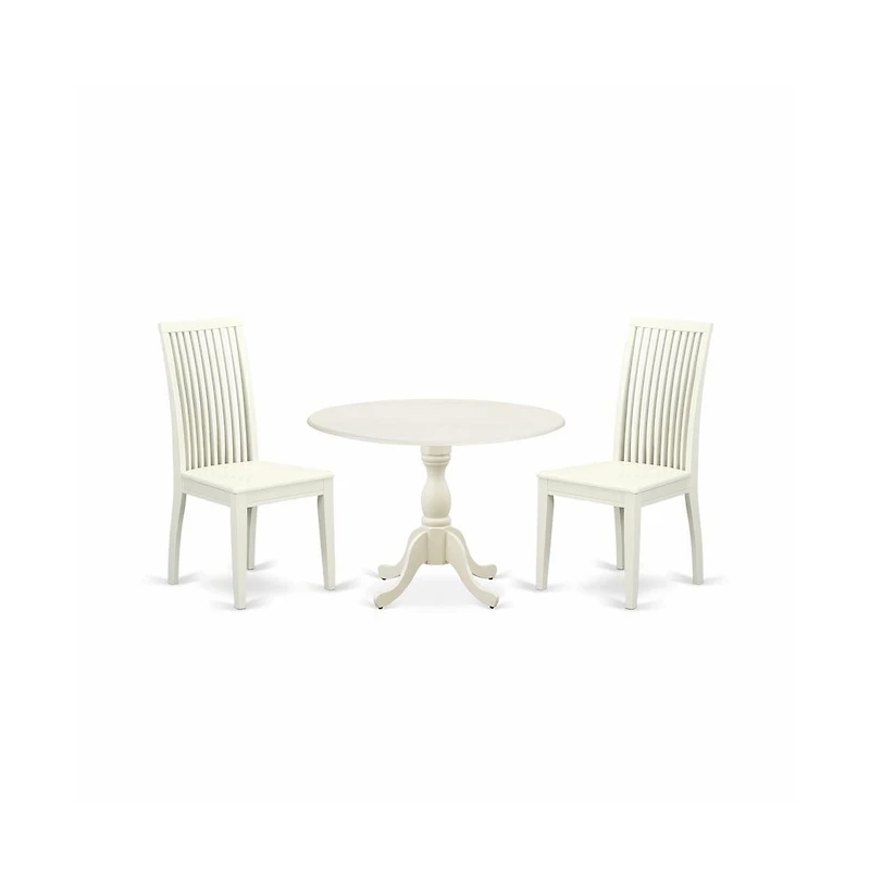 East West Furniture 3 Piece Dinette Set Contains 1 Drop Leaves Dining Room Table and 2 Black Dinning Chairs with Slatted Back - Linen White Finish