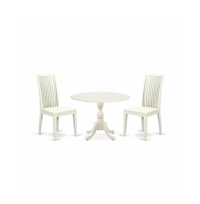 East West Furniture 3 Piece Dinette Set Contains 1 Drop Leaves Dining Room Table and 2 Black Dinning Chairs with Slatted Back - Linen White Finish