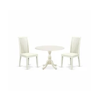 East West Furniture 3 Piece Dinette Set Contains 1 Drop Leaves Dining Room Table and 2 Black Dinning Chairs with Slatted Back - Linen White Finish