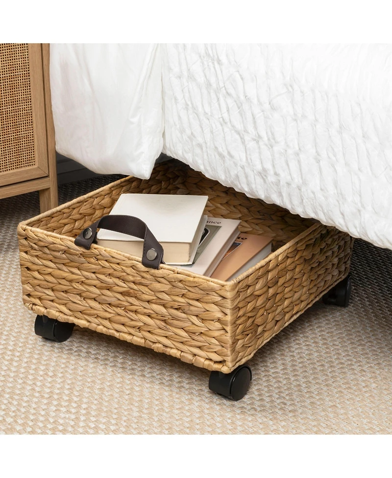 18.11" Hand-Woven Hyacinth Rectangular Underbed Storage Bin with Wheels and Handles