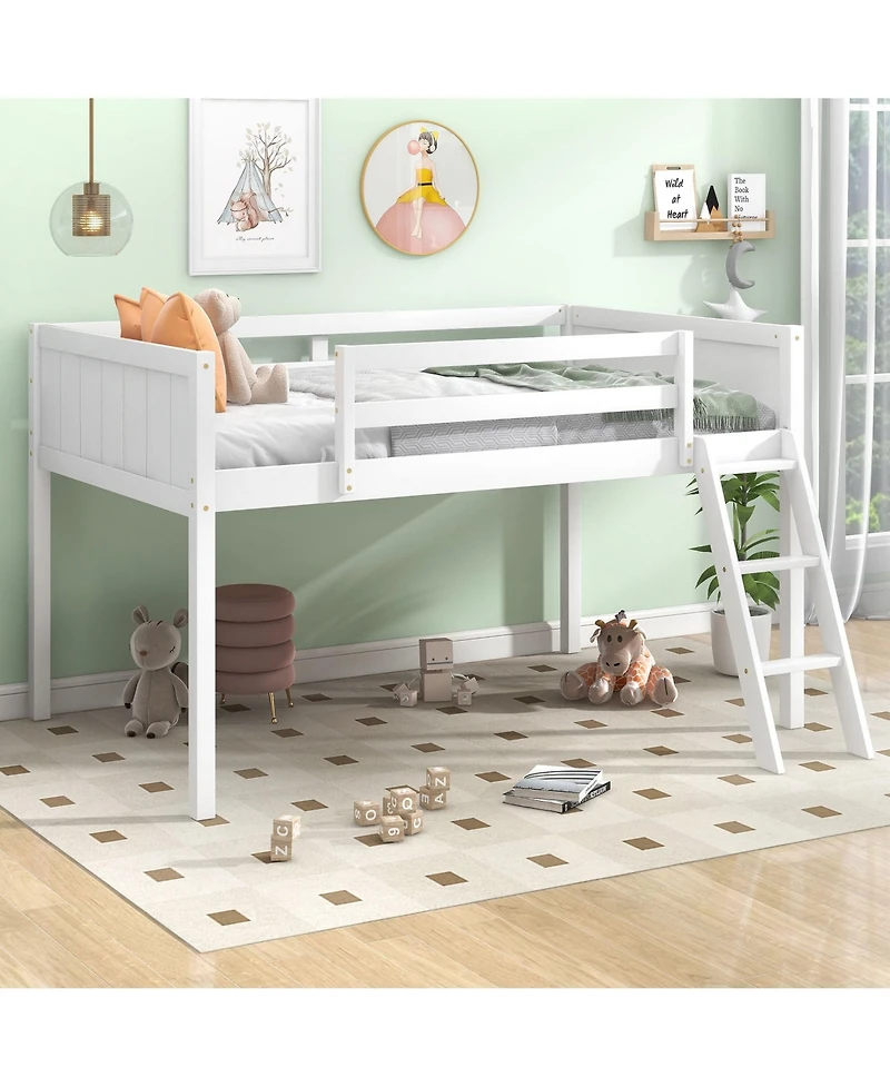 Twin Wood Low Loft Bed with Ladder, ladder can be placed on the left or right