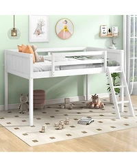 Twin Wood Low Loft Bed with Ladder, ladder can be placed on the left or right