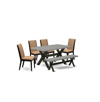 East West Furniture 6-Piece Stylish Dining Table Set an Excellent Cement Color Dining Table Top and Cement Color Dining Room Bench and 4 Excellent Lin