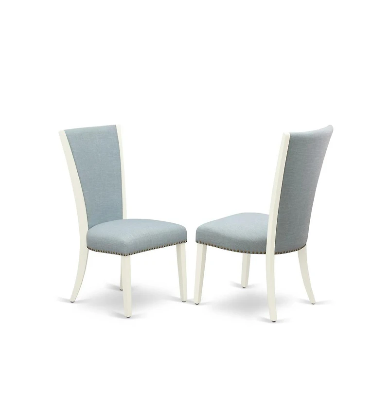 East West Furniture 5 Piece Modern Dining Table Set - 4 Baby Blue Linen Fabric Parson Dining Chairs with Nailheads and Linen White Wood Table