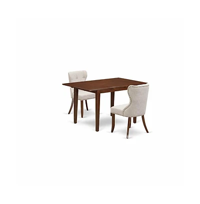 East West Furniture A wooden dining table set of two amazing indoor dining chairs with Linen Fabric Doeskin color and an attractive mid-century dining