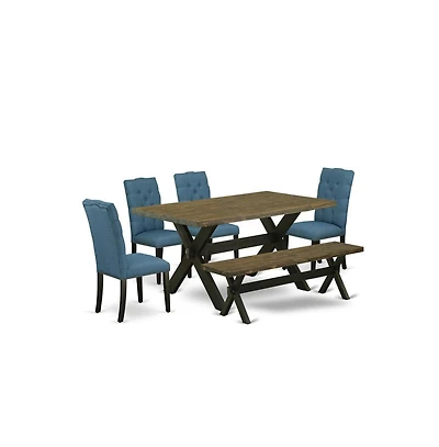 East West Furniture 6-Piece Awesome Dining Room Set an Excellent Distressed Jacobean Dining Tabletop and Distressed Jacobean Bench and 4 Dining chairs