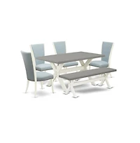East West Furniture 6 Piece Modern Dining Table Set - 4 Baby Blue Linen Fabric Parson Dining Chairs with Nailheads and Cement Kitchen Table