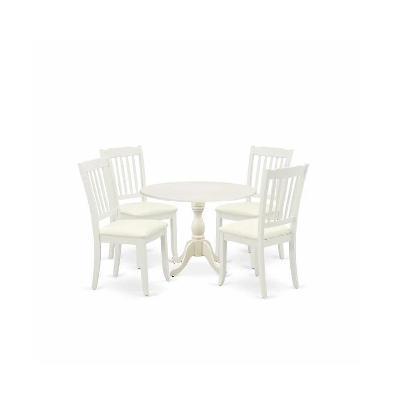 East West Furniture 5 Piece Dining Room Set Consists of 1 Drop Leaves Dining Room Table and 4 Linen White Kitchen Chairs with Slatted Back