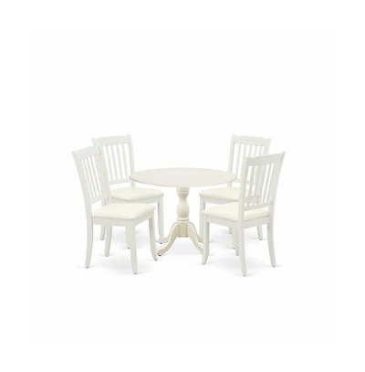 East West Furniture 5 Piece Dining Room Set Consists of 1 Drop Leaves Dining Room Table and 4 Linen White Kitchen Chairs with Slatted Back