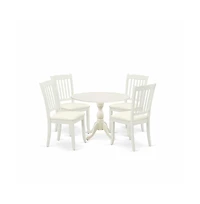 East West Furniture 5 Piece Dining Room Set Consists of 1 Drop Leaves Dining Room Table and 4 Linen White Kitchen Chairs with Slatted Back