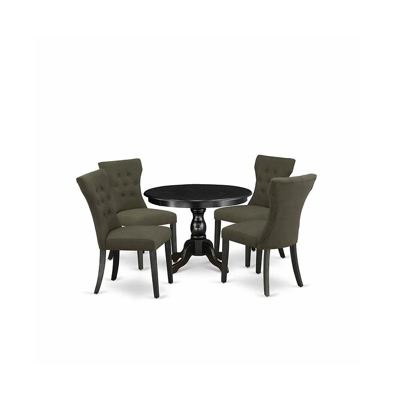 East West Furniture 5 Piece Dining Set - Black Breakfast Table and 4 Dark Gotham Grey Linen Fabric Dining Chairs Button Tufted Back with Nail Heads