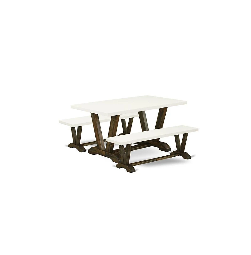 East West Furniture 3 Piece Dining Room Table Set - 1 Linen White Dining Table and 2 Wood Benches - Reliable and Sturdy Construction