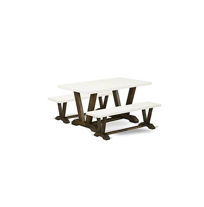 East West Furniture 3 Piece Dining Room Table Set - 1 Linen White Dining Table and 2 Wood Benches - Reliable and Sturdy Construction