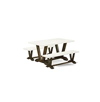 East West Furniture 3 Piece Dining Room Table Set - 1 Linen White Dining Table and 2 Wood Benches - Reliable and Sturdy Construction