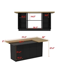 Kitchen island with 8 doors, island storage table with dining table, coffee station and microwave rack for home, dining room