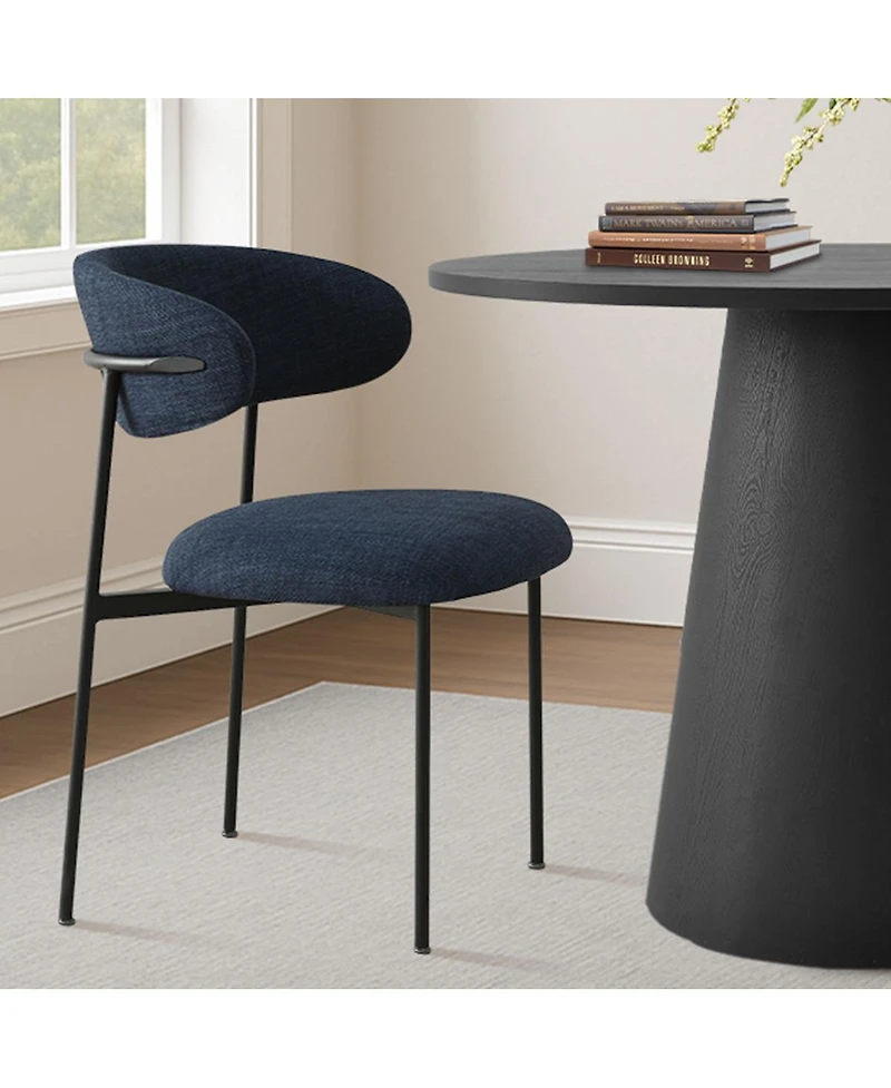 Maison Boucle 3-Piece 35" Round Black Dining Table Set with Cone Base and 2 Blue Upholstered Boucle Curved Back Chairs, Modern Small Space Dining-Mais