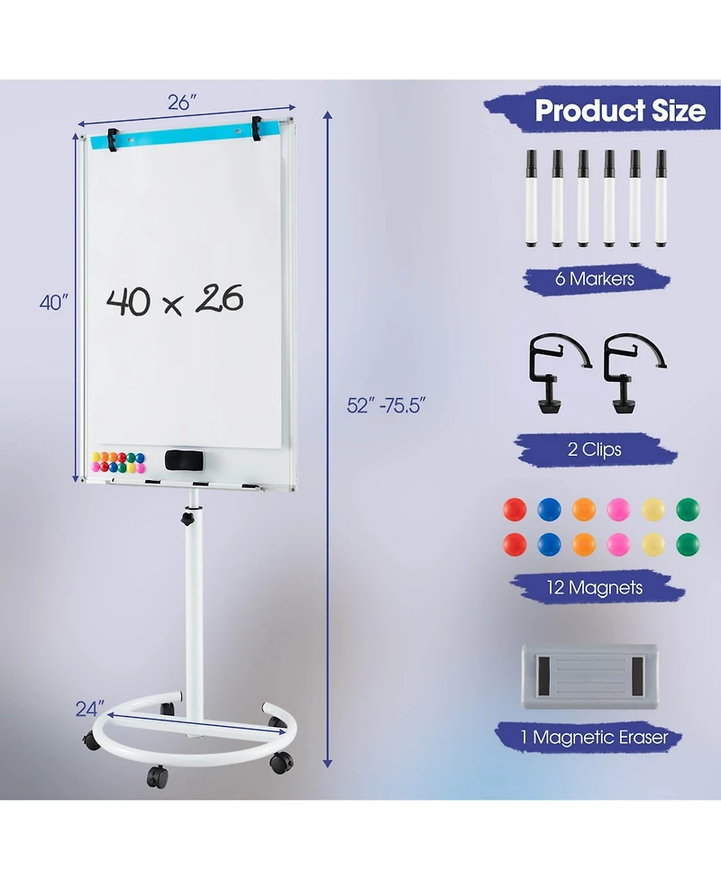 Mobile Whiteboard 40" x 26" Height Adjustable Magnetic Dry Erase Board with Stand