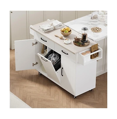 Maison Boucle Rolling Kitchen Island with Drop Leaf and Trash Can Storage, Mobile Cart with Drawers & Cabinets for Small Kitchens-Maison Boucle