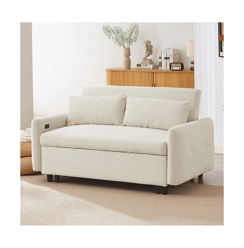 Maison Boucle 57.48" Pull Out Sleeper Loveseat, Convertible Sofa Bed with Usb Ports & Adjustable Backrest for Small Spaces-Maison