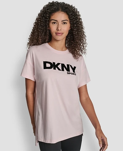 Dkny Women's Flocked Logo Drop Shoulder T-Shirt