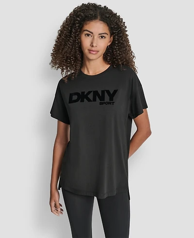 Dkny Women's Flocked Logo Drop Shoulder T-Shirt
