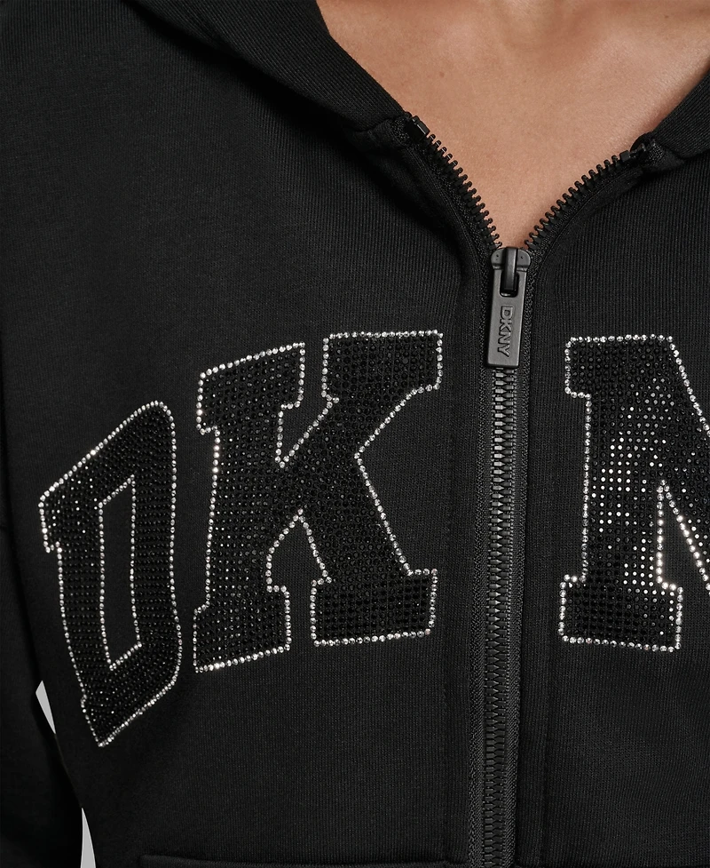 Dkny Women's Exploded Rhinestone Varsity Logo Full-Zip Hoodie
