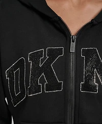 Dkny Women's Exploded Rhinestone Varsity Logo Full-Zip Hoodie